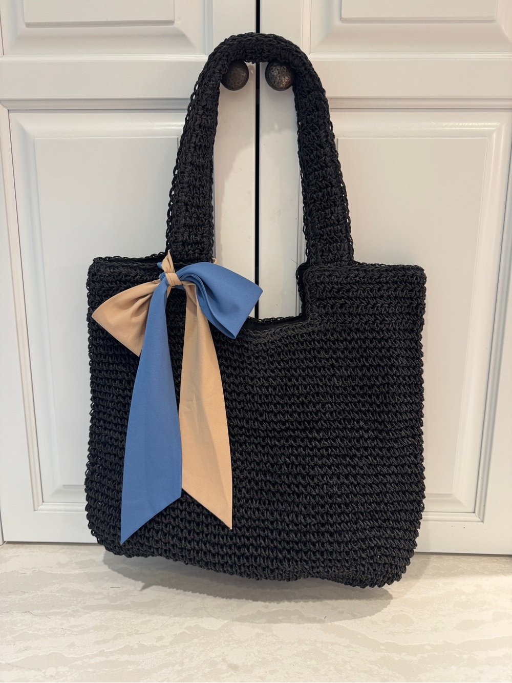 Black Woven Tote with Blue & Tan Scarf Accent by